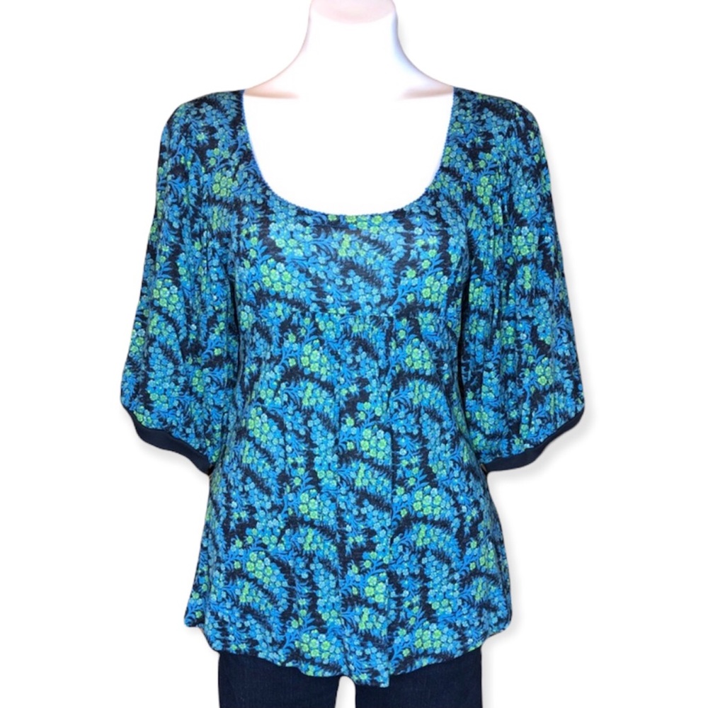 FREE PEOPLE Blouse Floral Shimmer Billow Short Sleeve Top Blue Green Small